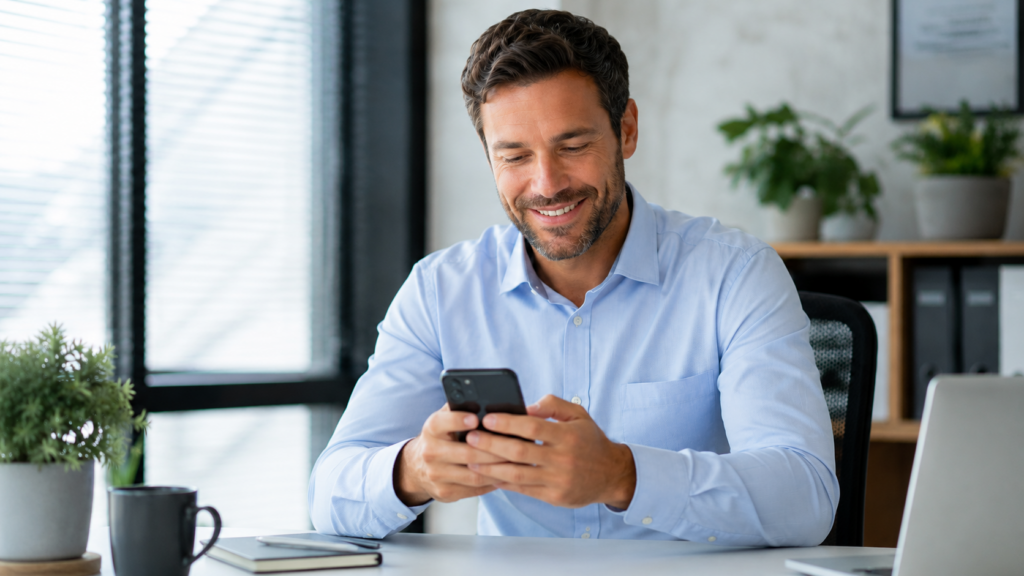 Mann am Schreibtisch 1 Mann am Schreibtisch mit Smartphone